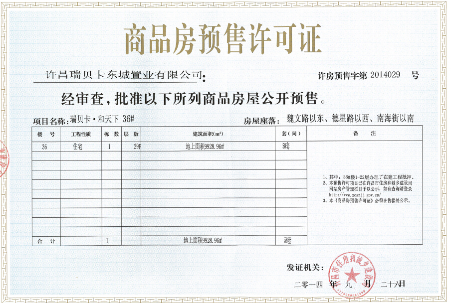 许房预售字第2014029号（许昌瑞贝卡东城置业有限公司）