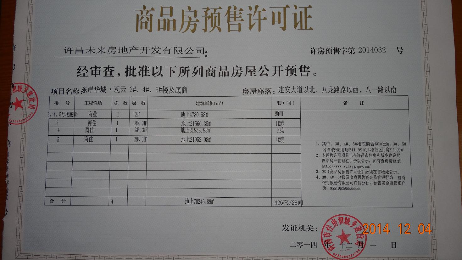 许房预售字第2014032号（许昌未来房地产开发有限公司）
