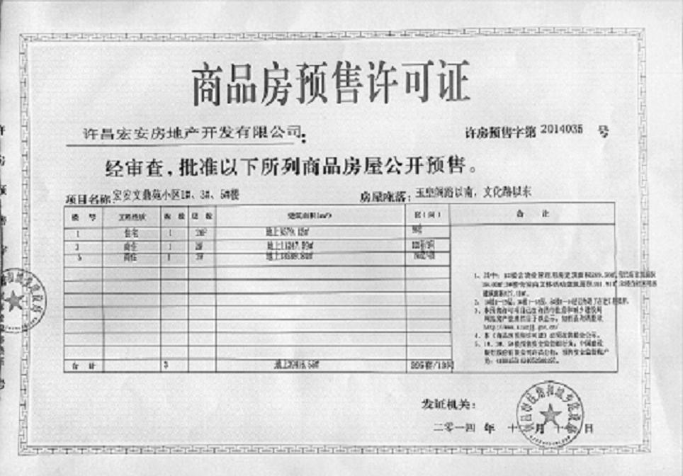 许房预售字第2014035号（许昌宏安房地产开发有限公司）
