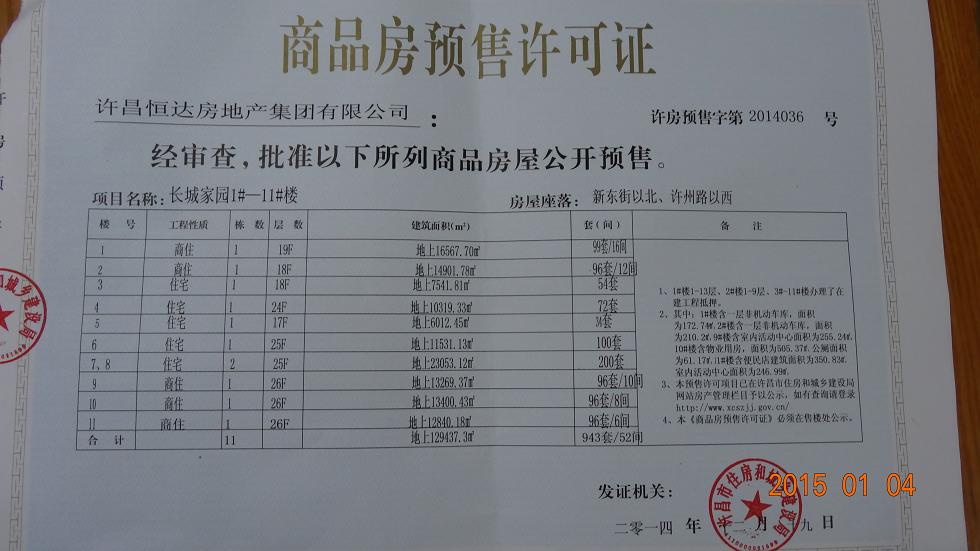 许房预售字第2014036号（许昌恒达房地产集团有限公司）