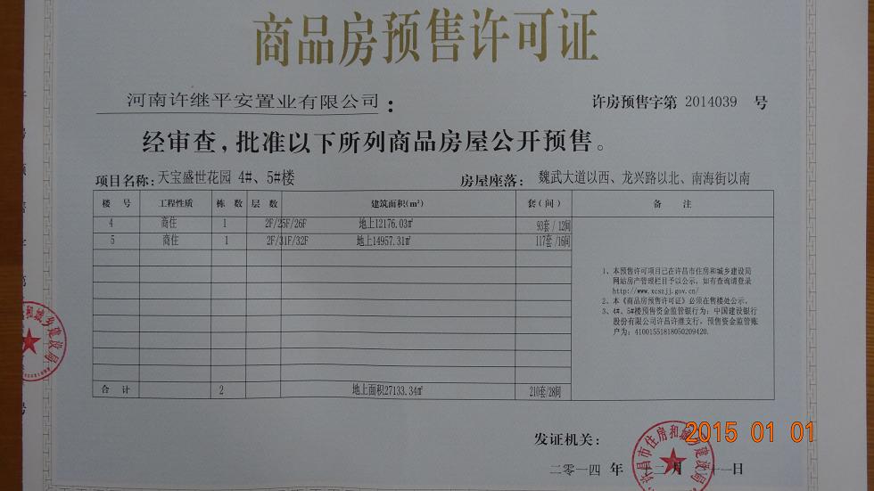 许房预售字第2014039号（许昌许继平安置业有限公司）