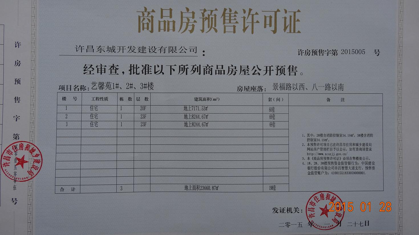 许房预售字第2015005号（许昌东城开发建设有限公司）