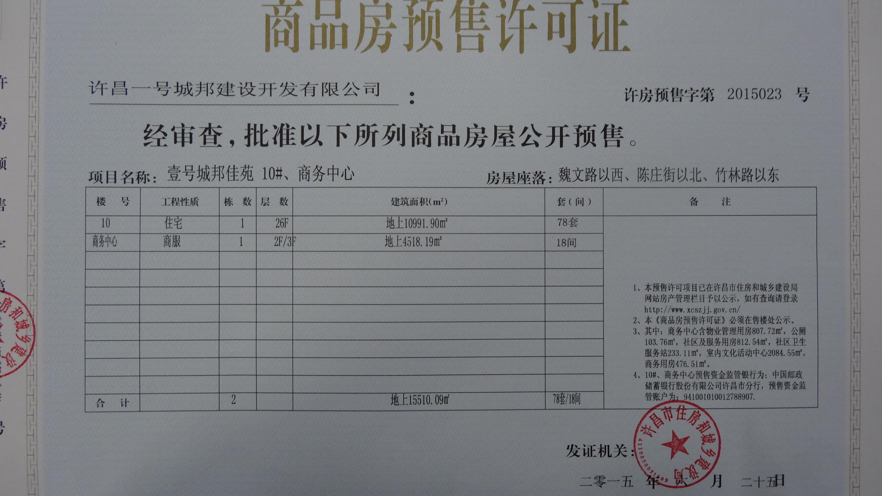 许房预售字第2015023号（许昌一号城邦建设开发有限公司）
