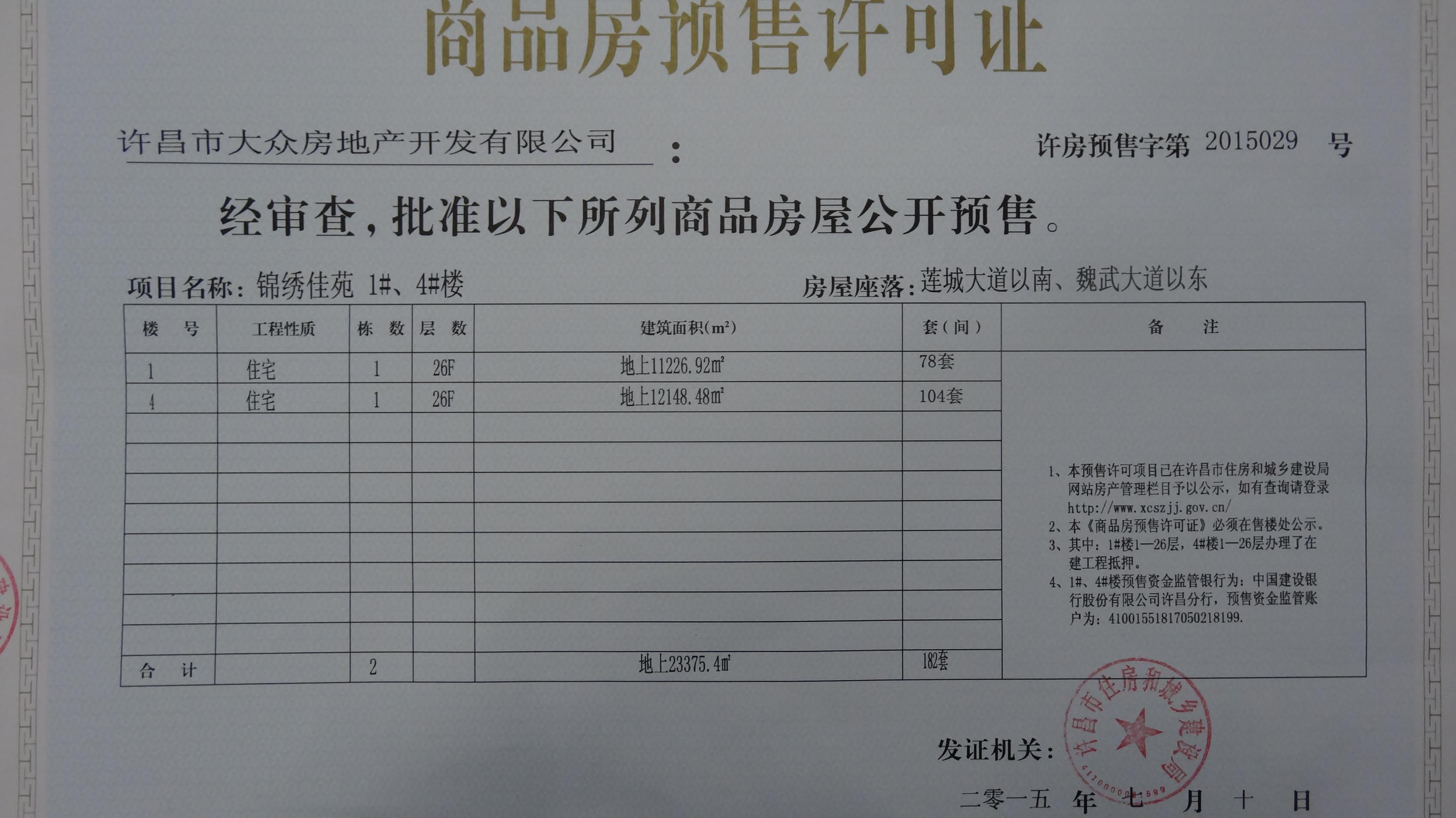 许房预售字第2015029号（许昌市大众房地产开发有限公司）