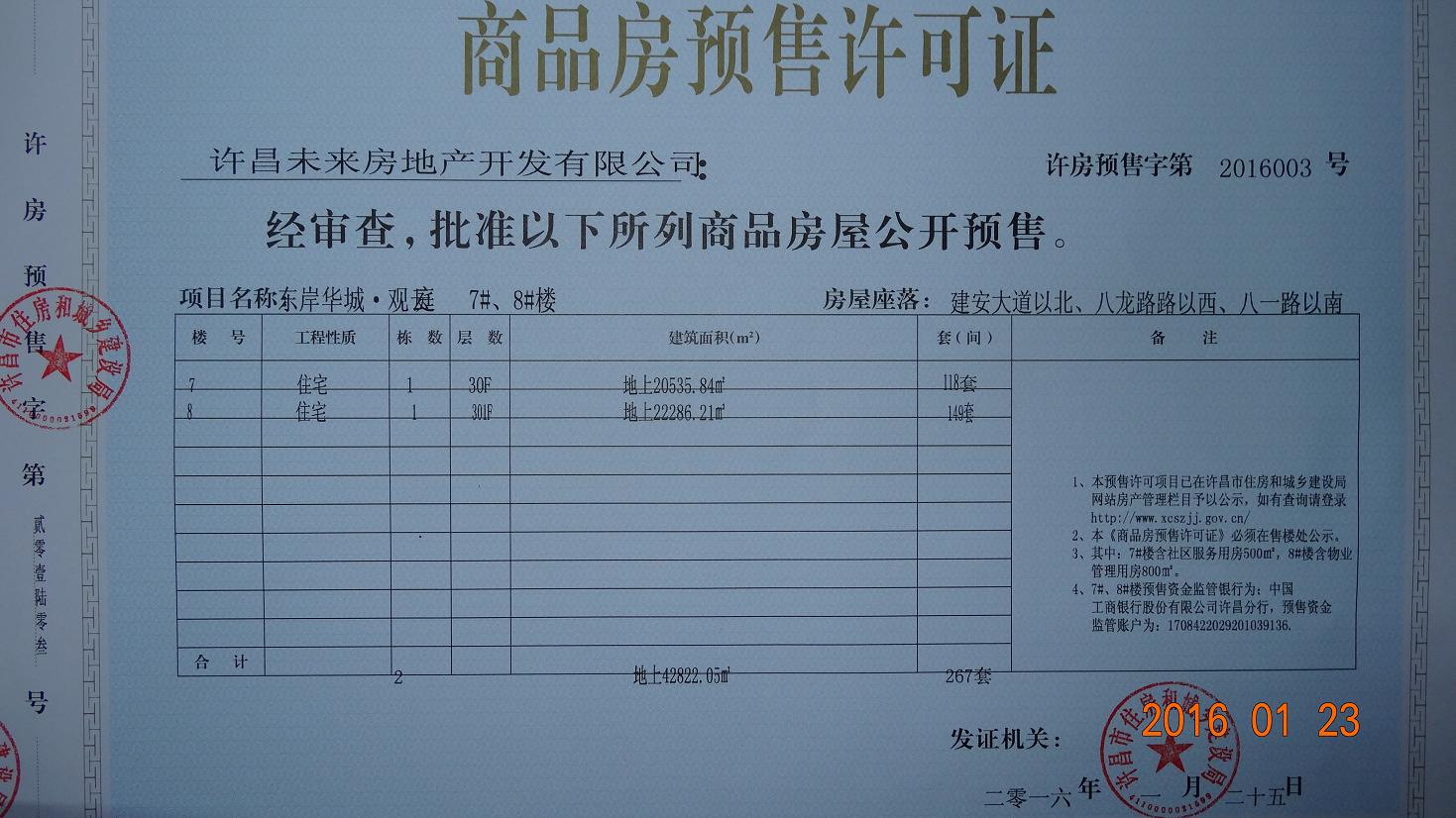 许房预售字第2016003号（许昌未来房地产开发有限公司）