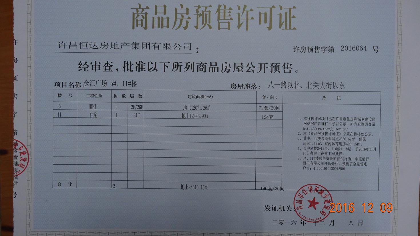 许房预售字第2016064号（许昌恒达房地产集团有限公司）