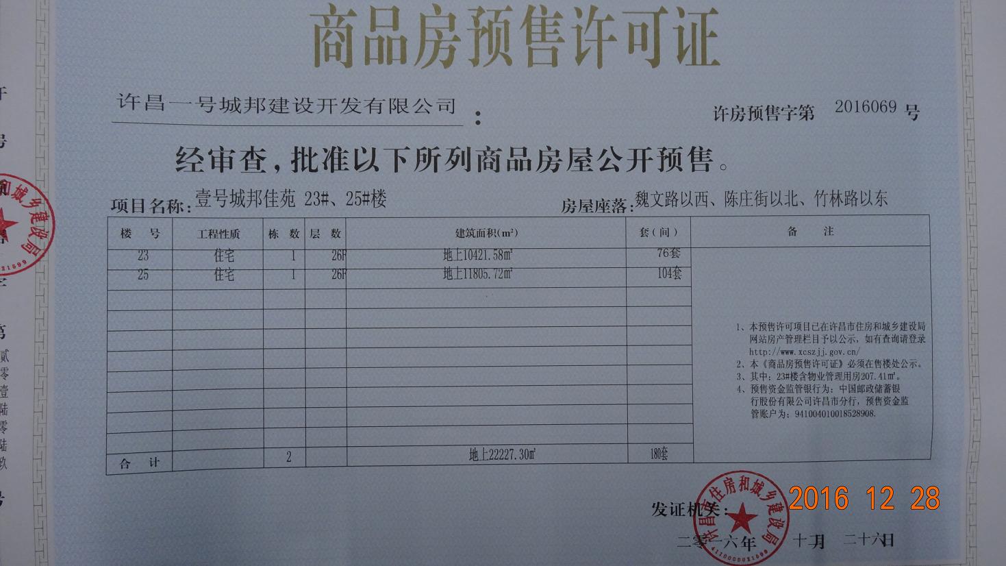 许房预售字第2016069号（许昌一号城邦建设开发有限公司）