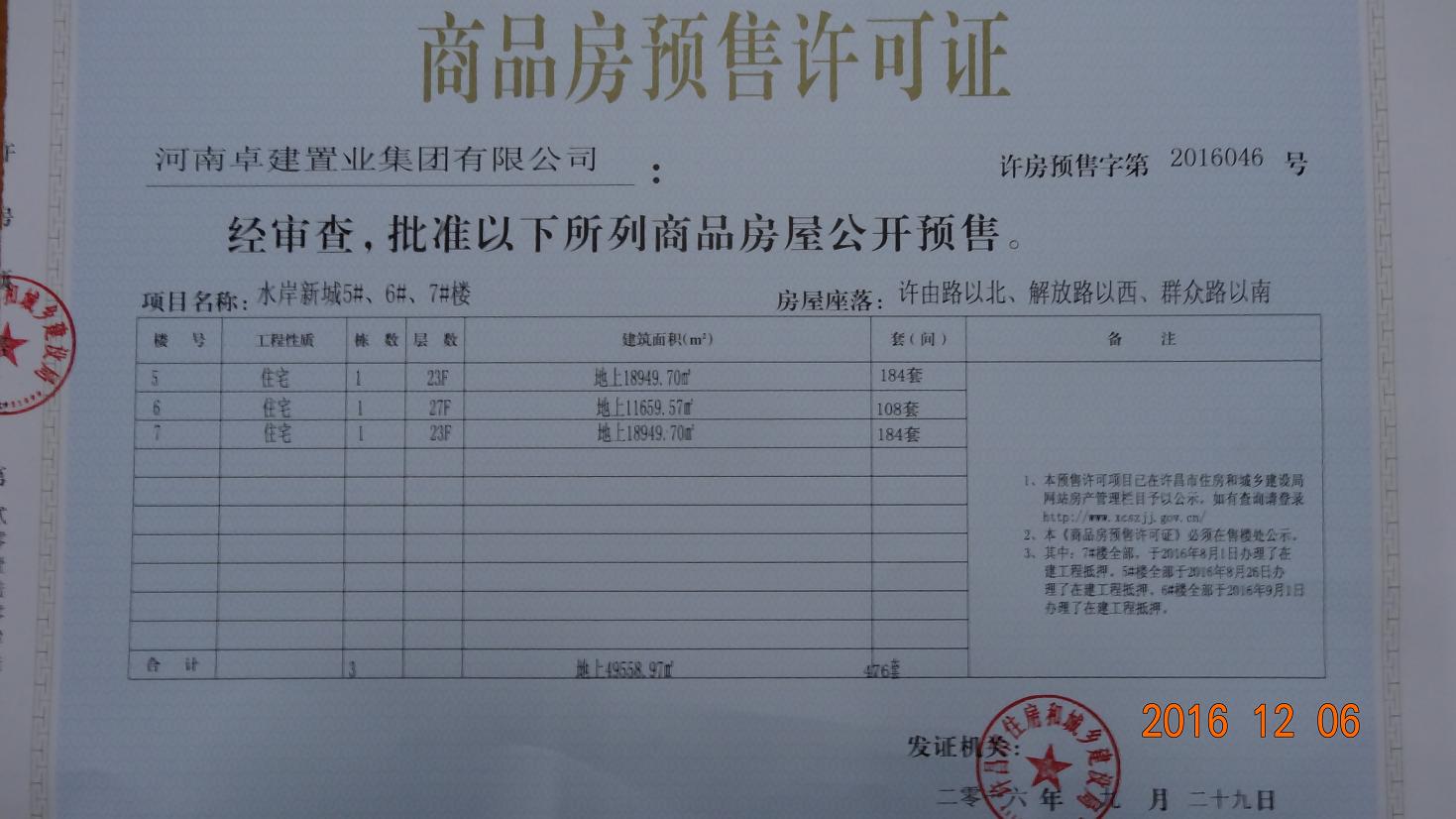 许房预售字第2016046号（河南卓建置业集团有限公司）