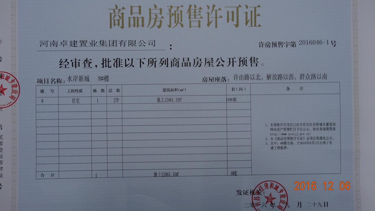 许房预售字第2016046-1号（河南卓建置业集团有限公司）