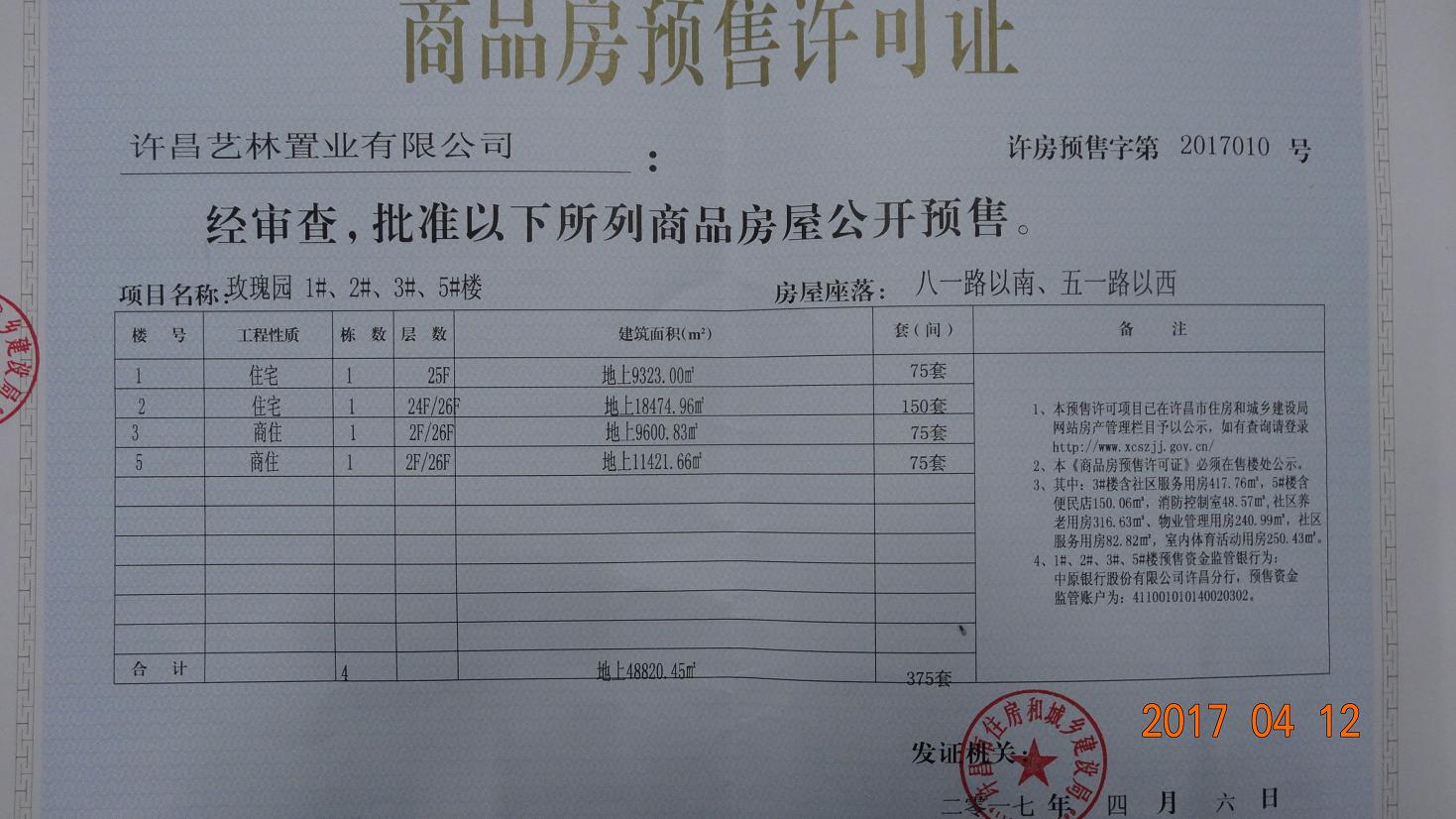 许房预售字第2017010号（许昌艺林置业有限公司）