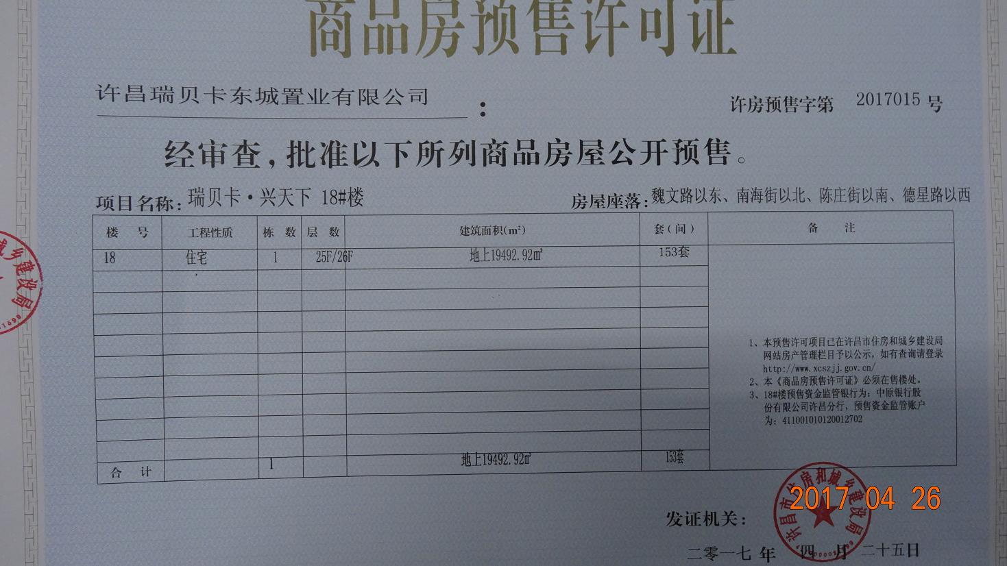 许房预售字第2017015号（许昌瑞贝卡东城置业有限公司）