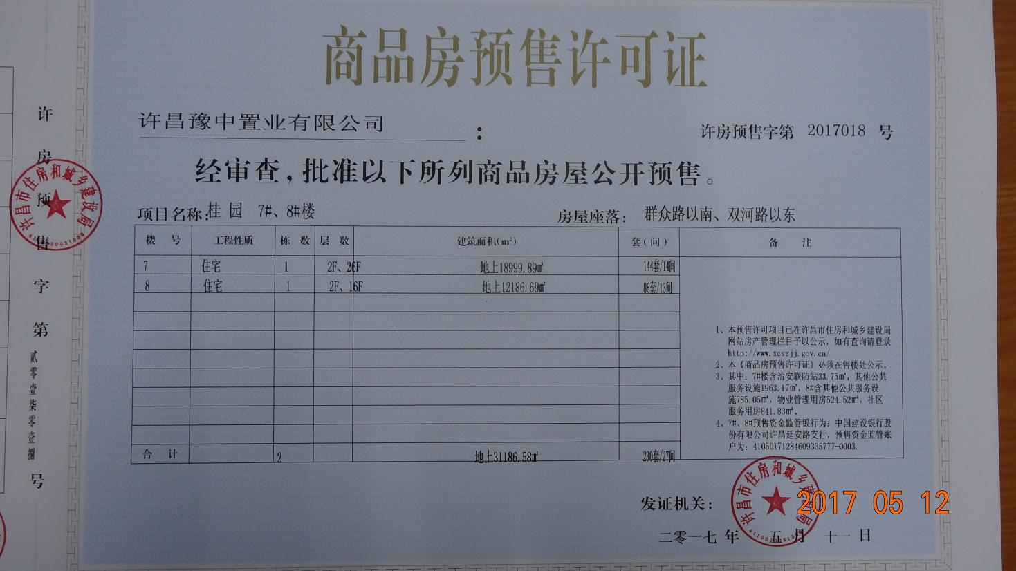 许房预售字第2017018号（许昌豫中置业有限公司）