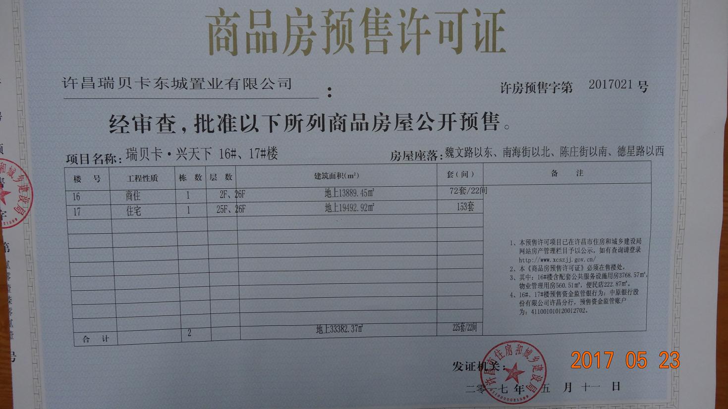 许房预售字第2017021号（许昌瑞贝卡东城置业有限公司）