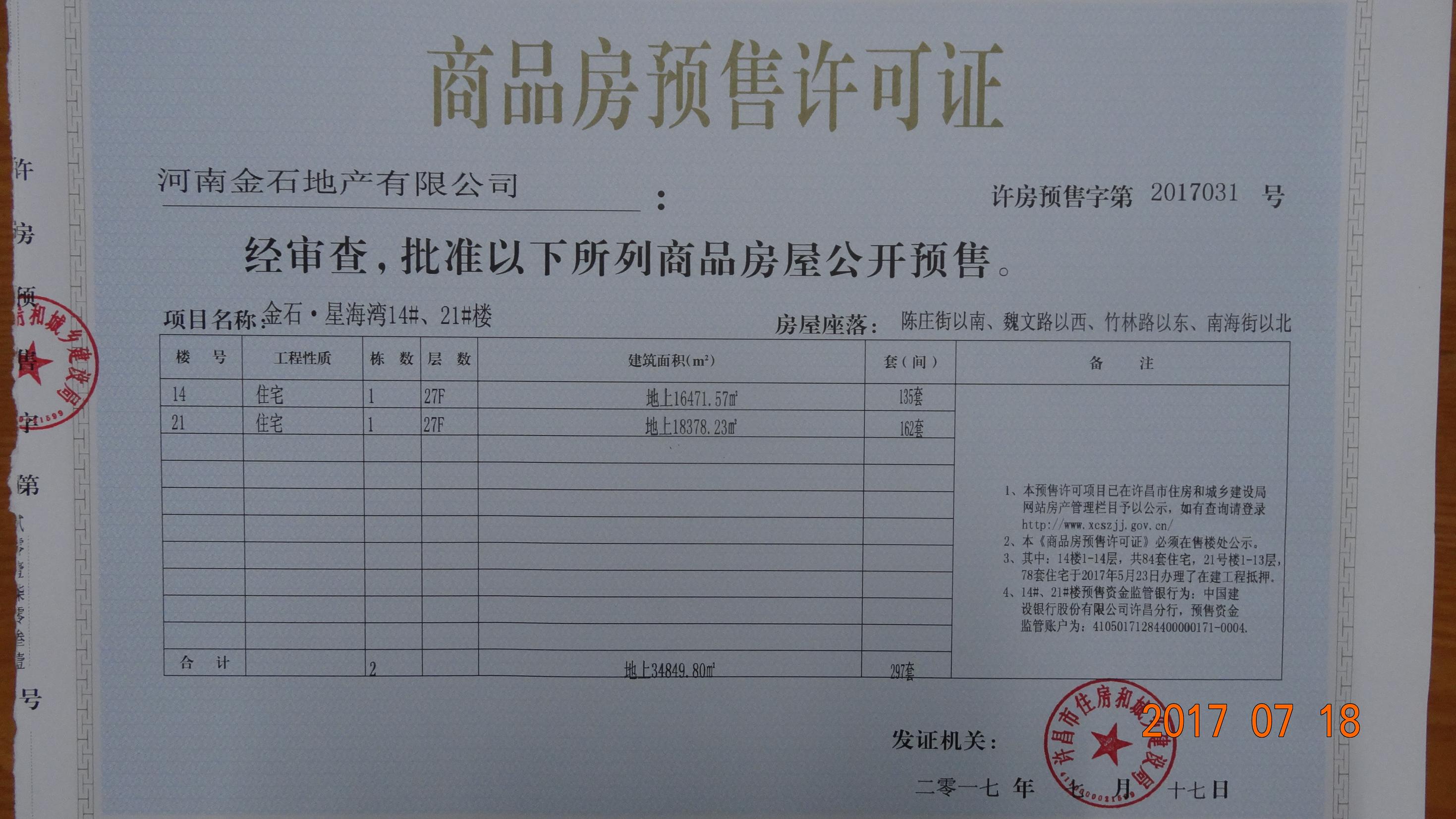 许房预售字第2017031号（河南金石地产有限公司）