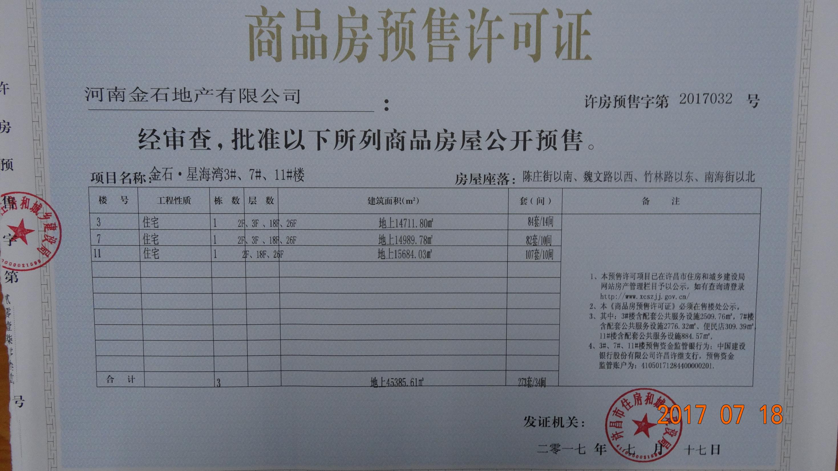 许房预售字第2017032号（河南金石地产有限公司）